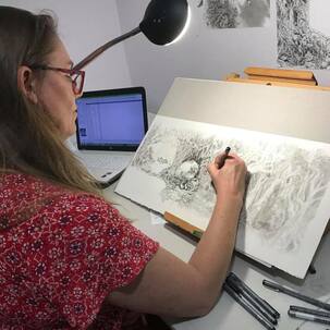 Ester de Boer working on the final illustration for 'Raymund and the Fear Monster'